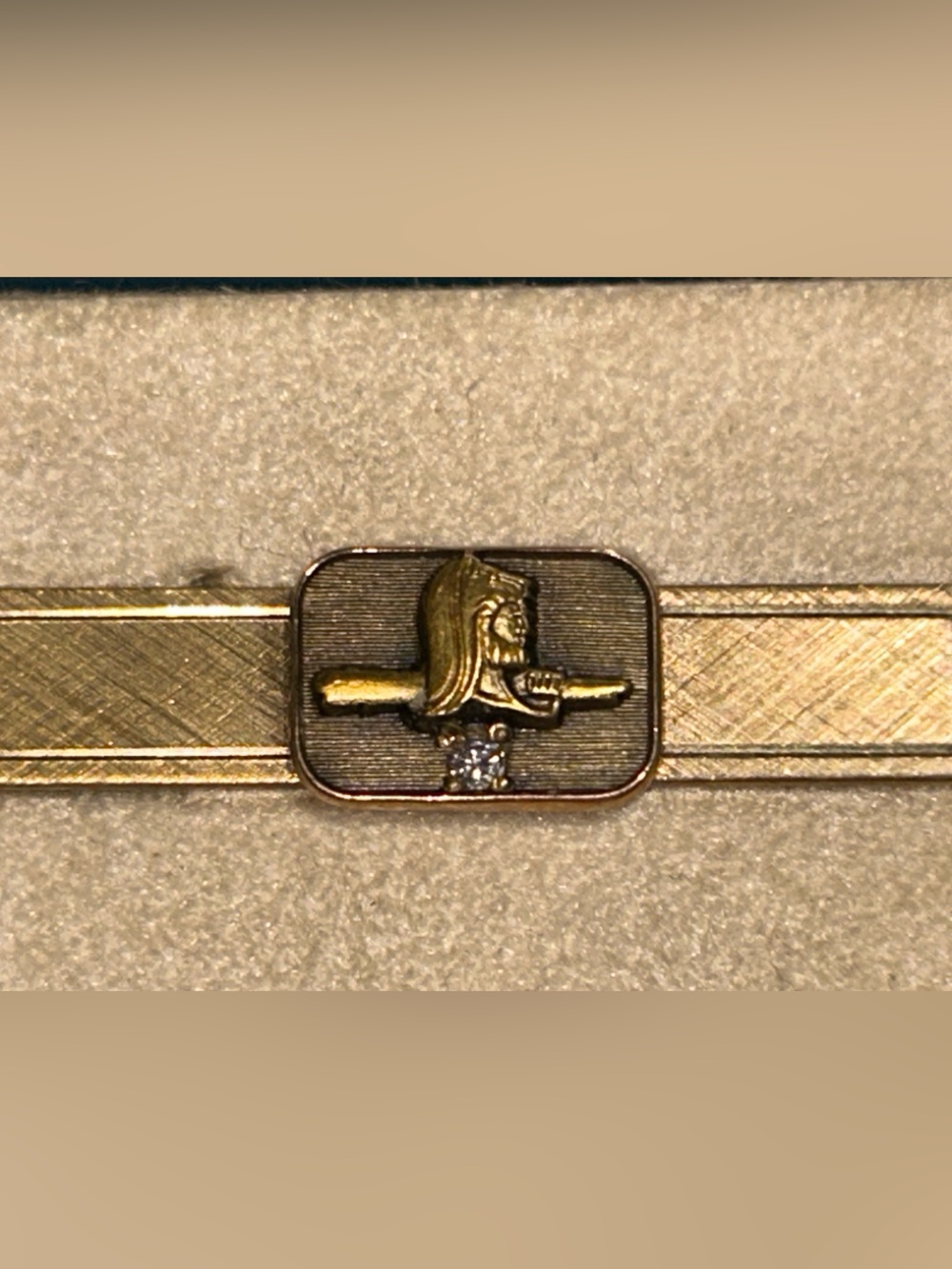 Gold-Tone Roman Warrior Soldier Head Armor Tie Bar & Pin Egyptian Look Diamond